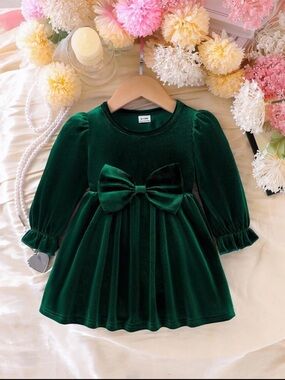 NWT Toddler Green Velvet Dress 6-9M Bow Holiday Party Dress